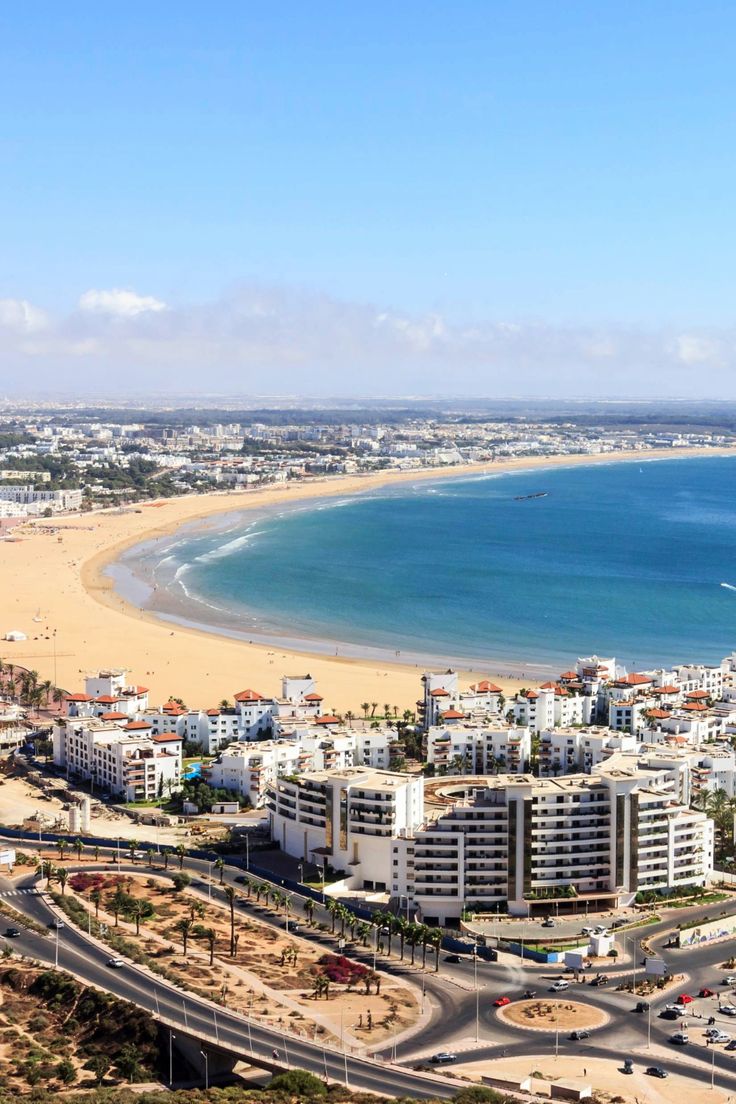 Agadir aerial view of the crescent beach, city, and Atlantic coast